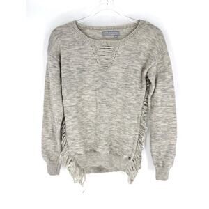 One Grey Day Women's Shredded Fringe Crewneck Sweater Grey Marled Size Medium